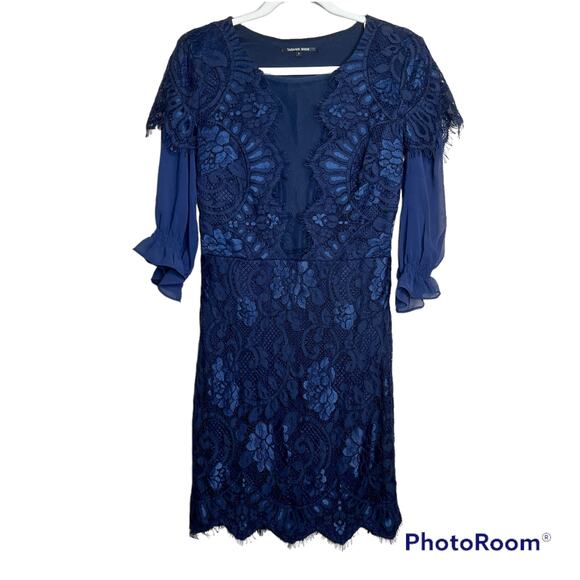 Tadashi Shoji Navy Blue Lace Sheath Dress Size 8 NWT Long sleeved - Picture 1 of 8